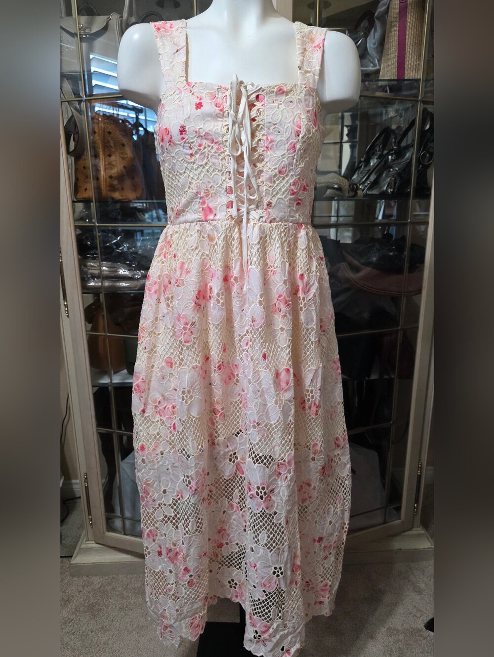 Just Me Pink Cream Floral Lace Midi Dress
